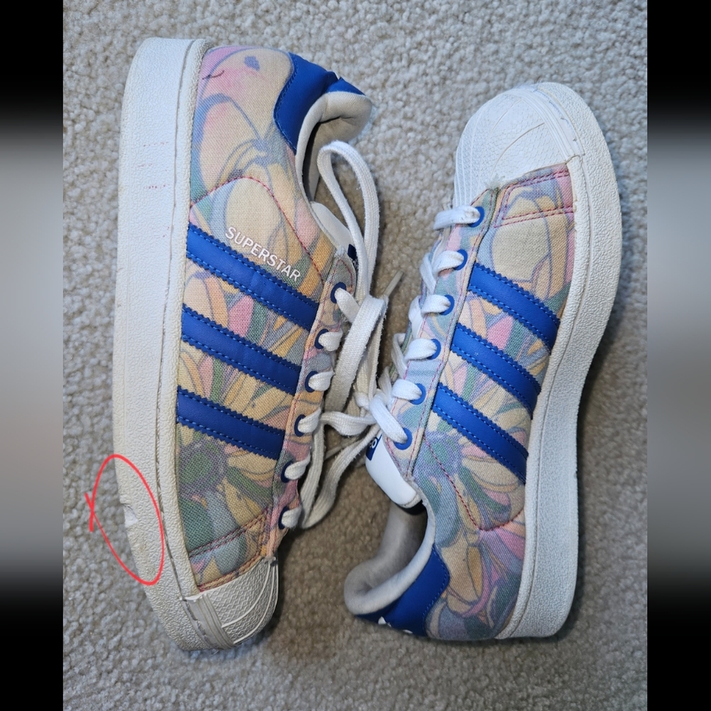 RARE Adidas Superstar Cloth Trainers Floral Sneakers Womens 7 Yellow Blue Pink - Picture 10 of 10